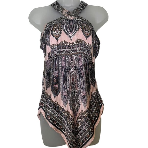Cache Y2K Silk Handkerchief Halter Top Pink Paisley Rhinestone Embellished Small - Picture 4 of 6